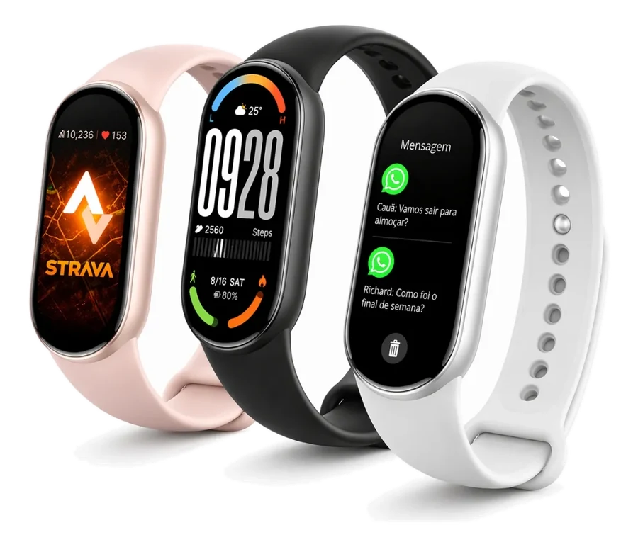 Smart bands em três cores: rosa, preto e branco