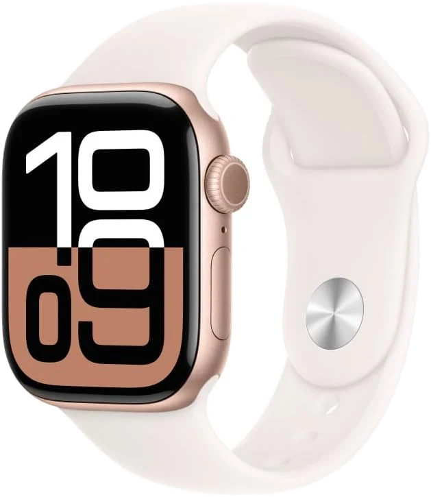 Smartwatch com pulseira branca e caixa dourada